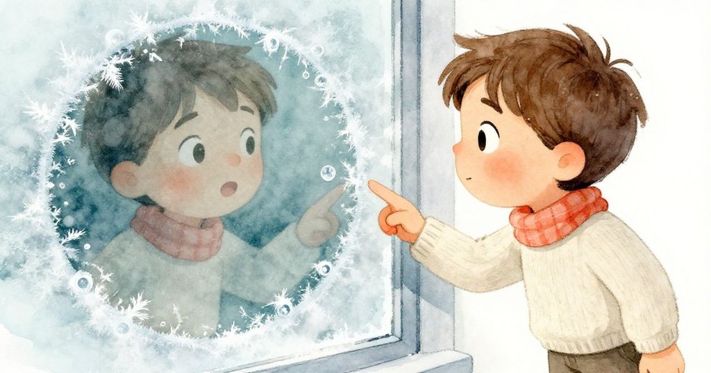 Rafe伸手按在覆冰窗戶上，映出驚奇神情，冰環與閃爍水滴交織出冷暖對比。