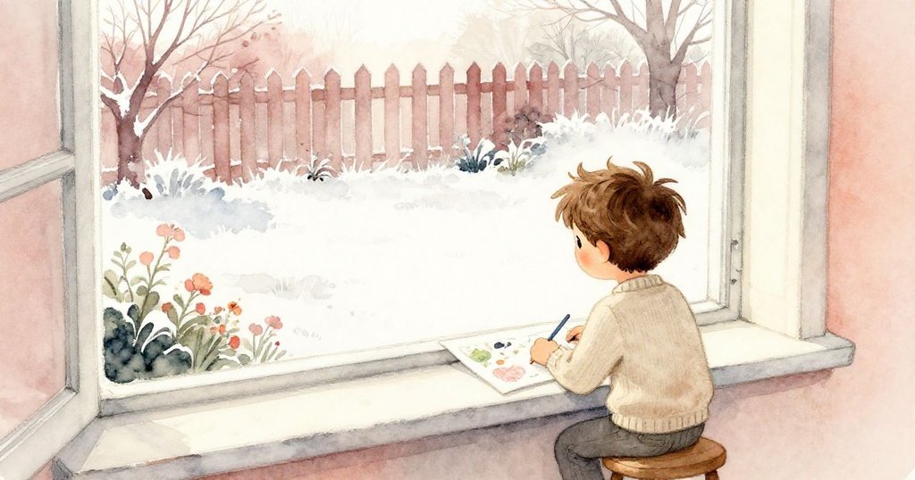 從高窗看外景，Rafe靜立窗邊凝望花園與結霜圍欄，神情沉思且溫柔期待。