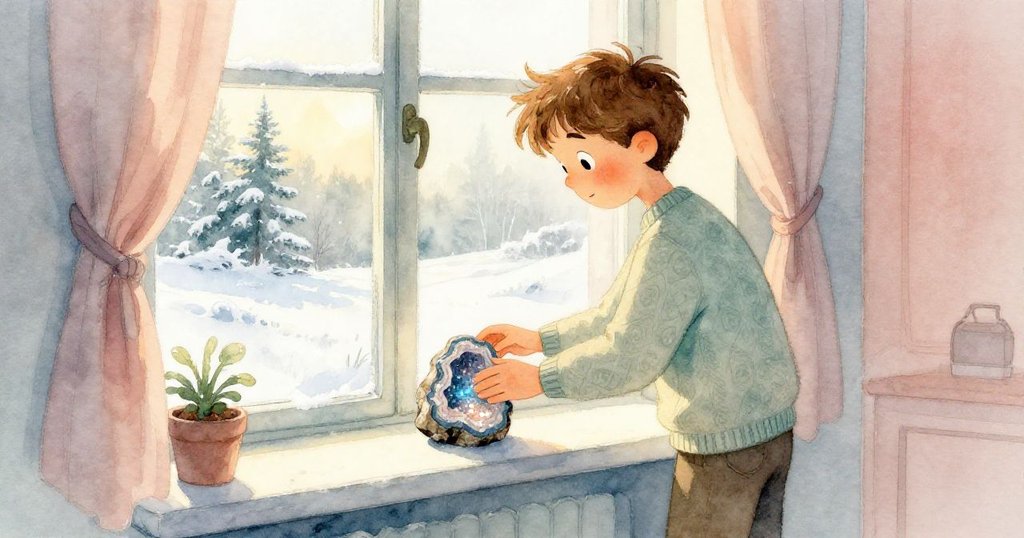 在溫暖晨光中，Rafe將閃耀幾何石置於窗邊，滿懷希望凝視窗外，預示新生開始與未來。