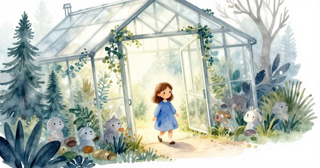 Lina進入溫室,推開鐵門,溫暖濕潤空氣環繞,角度傾斜呈現神秘與好奇心,場景充滿石頭與霧氣。