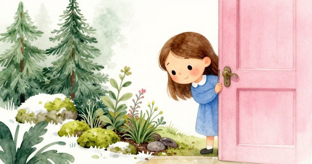 Lina透過微開的門縫觀察香草區,專注且輕觸苔石,背景土壤散落,呈現安靜探索和思索情緒。