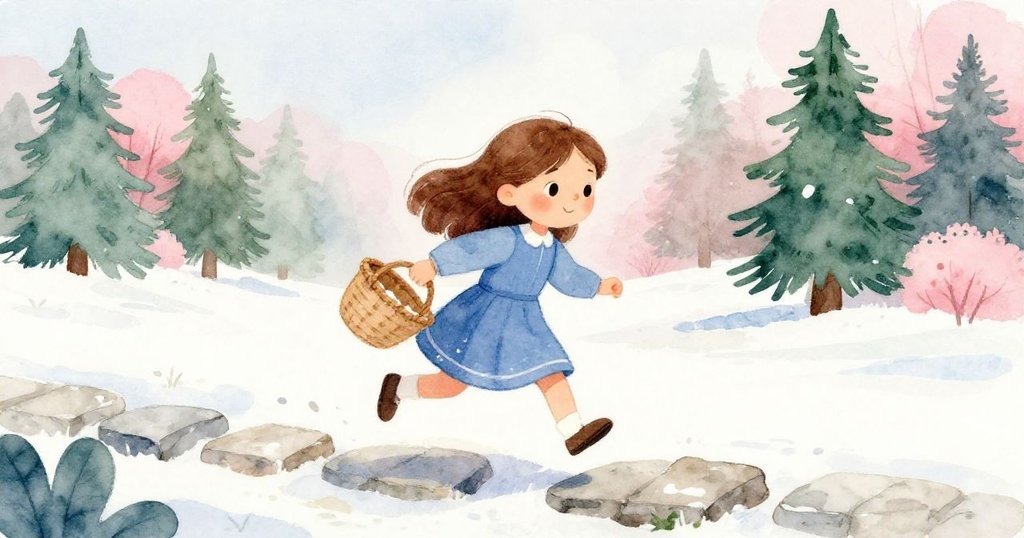 Lina提著編織籃子匆忙沿著石板路追尋,動態散發急迫感,地面上留有輕微磨痕,背景綠意盎然。