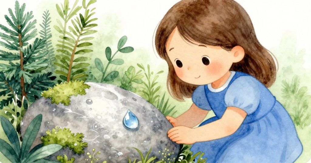 Lina停下腳步回望香草區,凝視閃爍著水珠的苔石,透露出思索與安心,環境散發出清冷柔和氛圍。