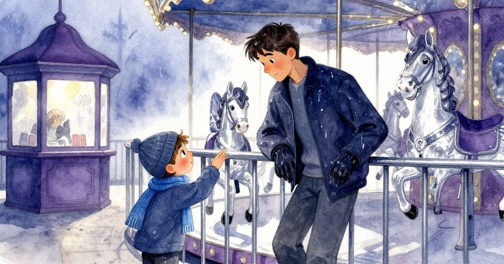 賽斯靠在欄杆旁注視著戴毛線帽的男孩研究木馬上閃光的水痕，背景有旋轉木馬與反光售票亭，神情專注而溫和