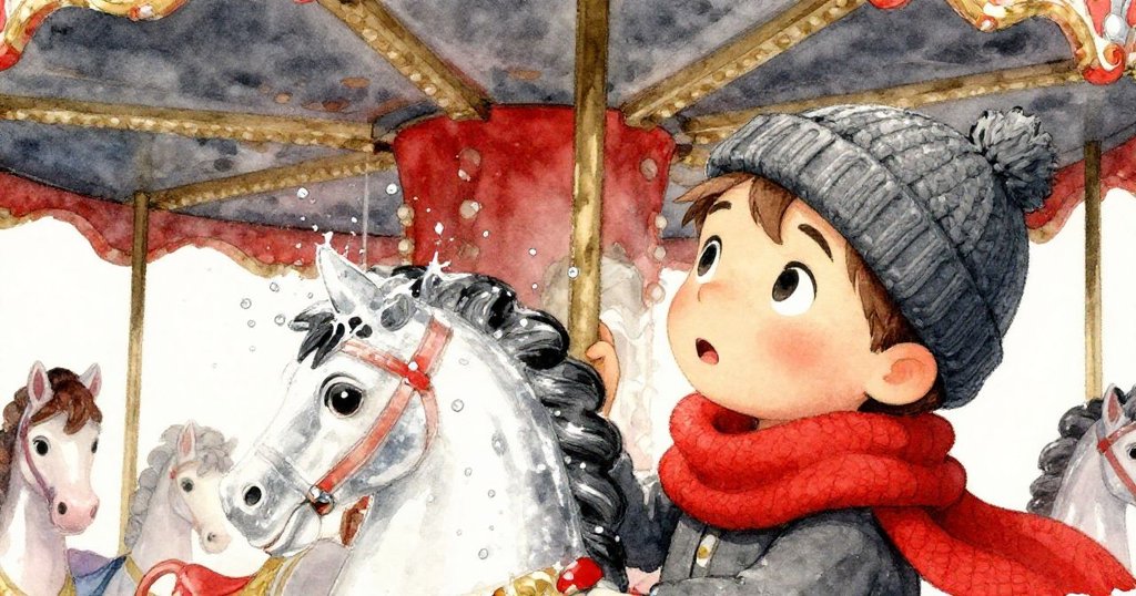 男孩在旋轉木馬上，肩上落下閃亮水珠，他微側頭露出驚奇神情，整幅畫面洋溢著神秘動感