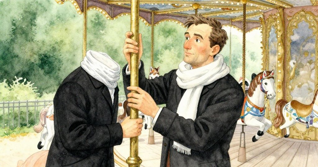 特洛伊戴著白色圍巾站在旋轉木馬旁，仔細檢查震動的銅柱與木板，神情認真而謹慎