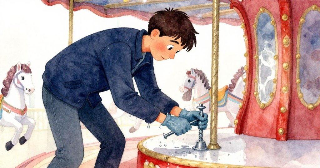 賽斯低頭專注地扭動螺絲，旋轉木馬節奏隨之微變，他神情堅毅且動作果斷，充滿急迫感