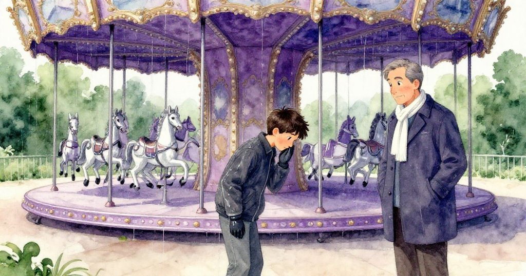 賽斯與特洛伊在旋轉木馬平臺前默契點頭告別，平臺上水痕閃爍，氛圍安靜且充滿解決後的溫柔平和