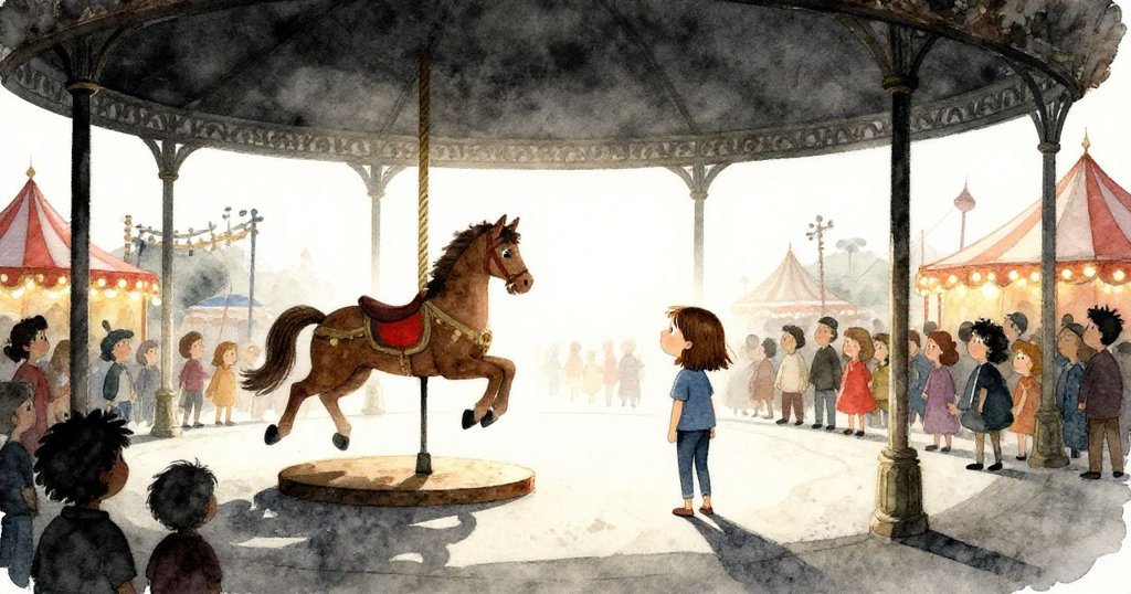 Gwen在涼亭前的歡樂人群中注視旋轉木馬，現場燈光與陰影交錯，充滿節慶氣氛與期待。
