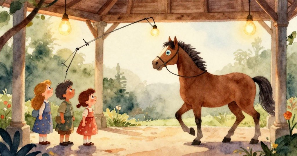 棕色旋轉木馬的馬匹優雅上升，玻璃般的眼睛映出溫暖燈光，營造出神秘而夢幻的視覺效果。