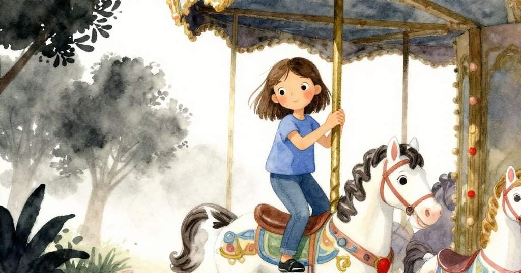 Gwen正攀上旋轉木馬，手撫溫暖銅柱，背景呈現綠意盎然公園與充滿期待的節慶氛圍。