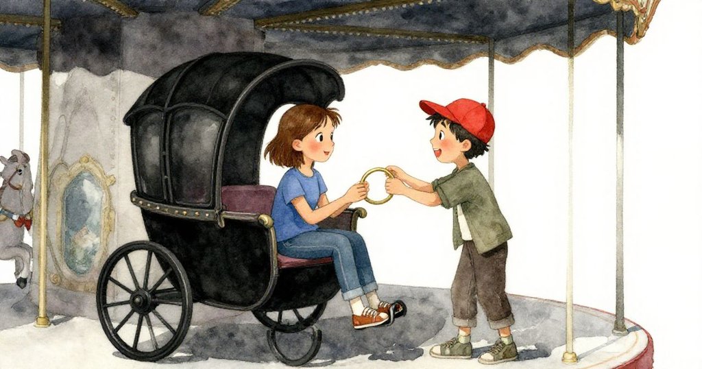 乘樂園緩停後，Gwen與男孩在台上相遇，男孩手捧黃銅戒指，彼此眼神交流溫暖而真摯，結局充滿希望。