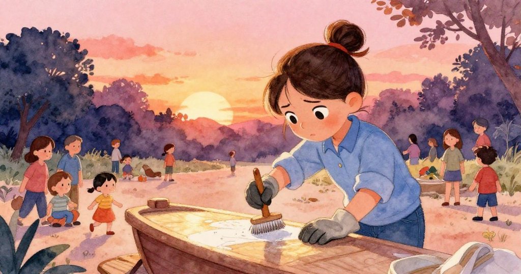 在夕陽公園中,Suki專心用刷子擦拭遊艇船身,周圍人群好奇圍觀,畫面充滿活力與溫暖氣息。