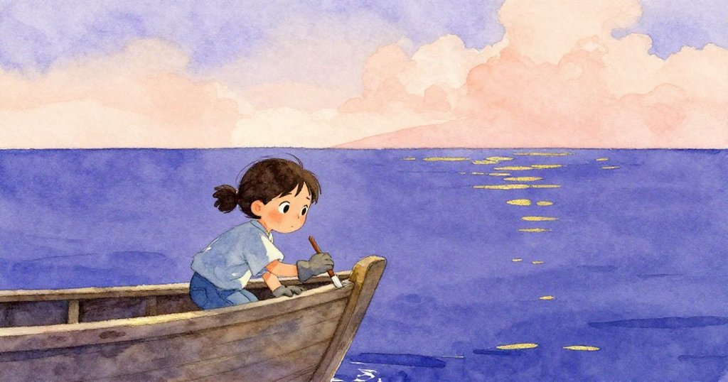 Suki獨自在寬闊水面上工作,四周空曠的背景映出她專注與堅定的神情,氣氛寧靜而深遠。