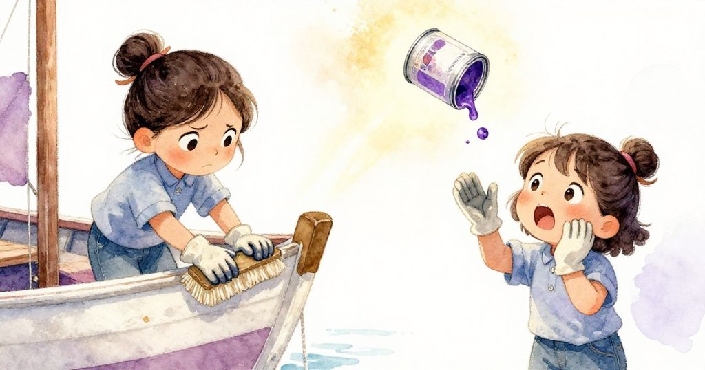 Suki在船上分畫面作業,左側細心刷漆,右側驚訝看著錫罐掉落,展現專注與突發狀況的交錯瞬間。