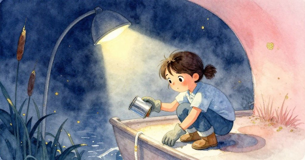 在朦朧霧氣與奇特燈光中,Suki蹲下努力拾起掉落的錫罐,畫面充滿過渡與神秘的寧靜氛圍。