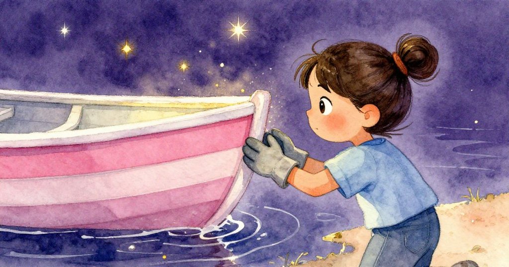 Suki滿懷欣慰地凝望修補完善且閃爍星光的船身,水面與船體交織出過去與未來的希望與重新開始。