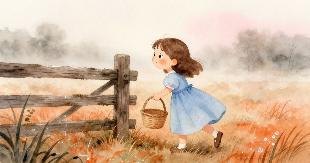 艾拉在霧氣瀰漫的草地上，用手觸摸濕漉木柵欄，籃中散發著輕柔蒸氣，神情充滿好奇。