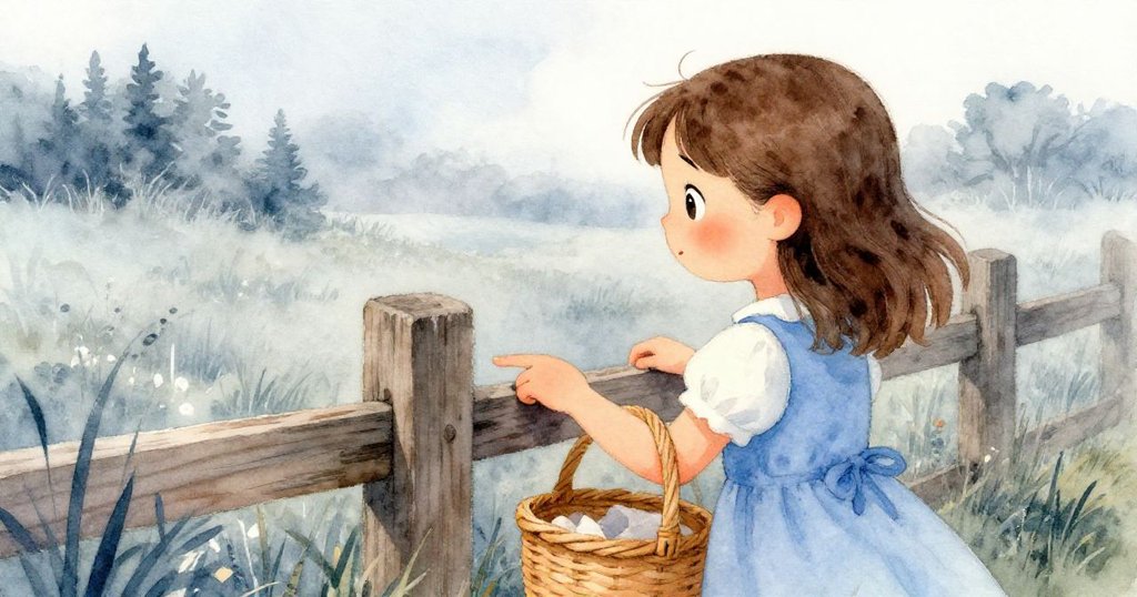 從身後視角看艾拉輕觸木柵欄，手指有節奏敲擊籃子，霧中展現專注且緩慢的步伐。