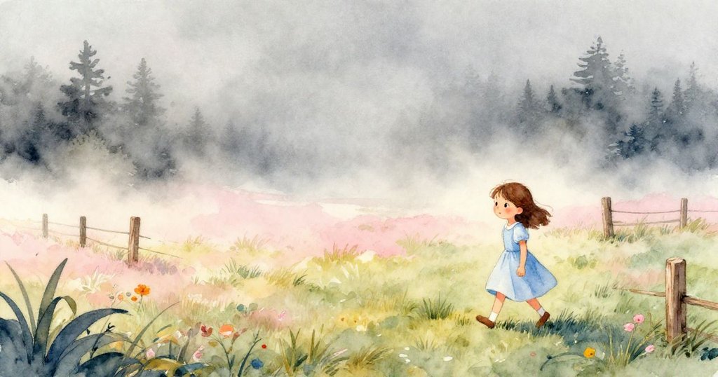 艾拉在草地上，晨光逐漸轉為涼爽霧氣，木柵欄逐漸隱沒，她步履謹慎面對變化的環境。