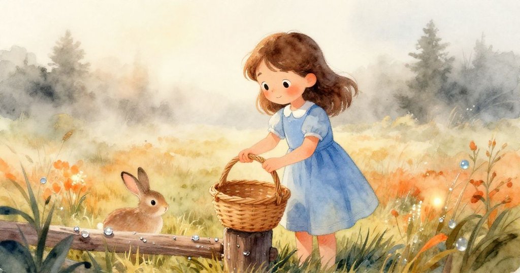 艾拉微笑著將籃子放在滿布水珠的木柱上，旁邊小兔輕躍，霧中草地呈現出溫暖而寧靜的重逢場面。