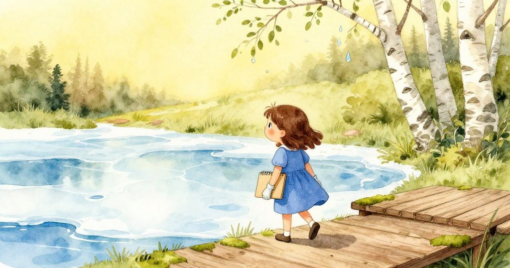 皮亞帶著草圖步入解凍池塘，背景有水滴白樺樹和苔蘚木碼頭，表情充滿期待，故事情節緩緩展開。