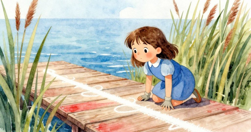 皮亞透過蘆葦間隙凝望木板上的粉筆痕，眼中閃爍著驚奇與好奇，故事情節逐步推進。