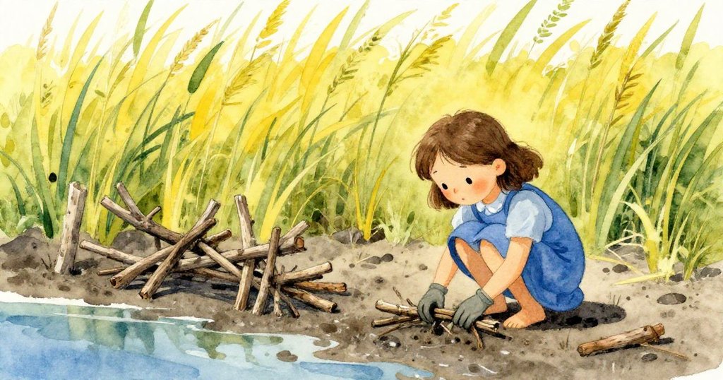 皮亞蹲於岸邊收集落枝，巧妙組成蘆葦中的小港灣，和大自然互動探索，情節逐漸發展。