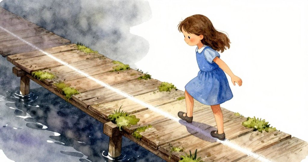 皮亞專注地順著粉筆痕輕步踏過苔蘚覆蓋的老木碼頭，神情中溢出謎一般的懸念，故事邁入高潮。