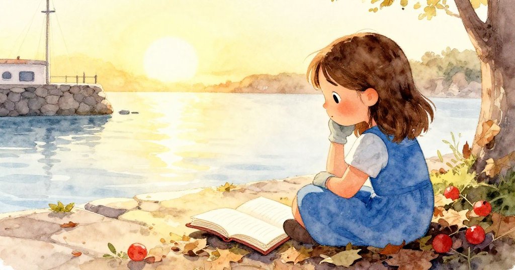 皮亞坐在葉堆石旁，手中展開記錄新視野的草圖，溫暖夕陽下流露平和反思，故事最終達到和諧結局。