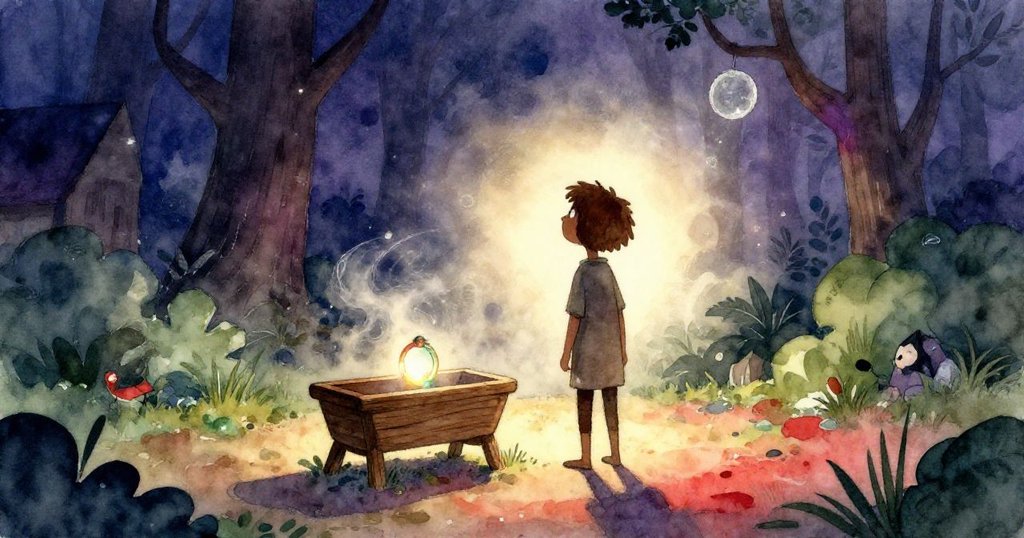 薩奇在明亮庭院中注視懷舊銅環，其剪影與溫暖陽光交織，展現期待與神秘魔幻感。