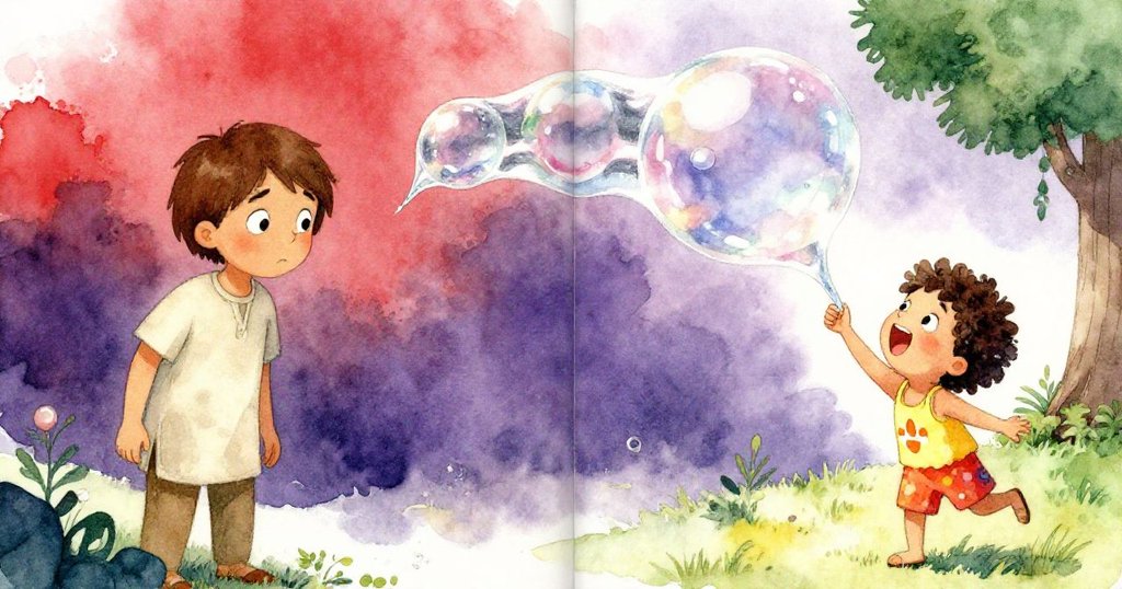 左側薩奇失望注視破裂泡膜，右側小孩快樂放出閃光巨大泡泡，兩種情感並呈現劇情轉折。