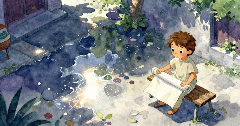 薩奇在戶外長凳上鋪開濕畫布，水坑中彩光閃爍，展現自然光影與魔幻轉換情境。