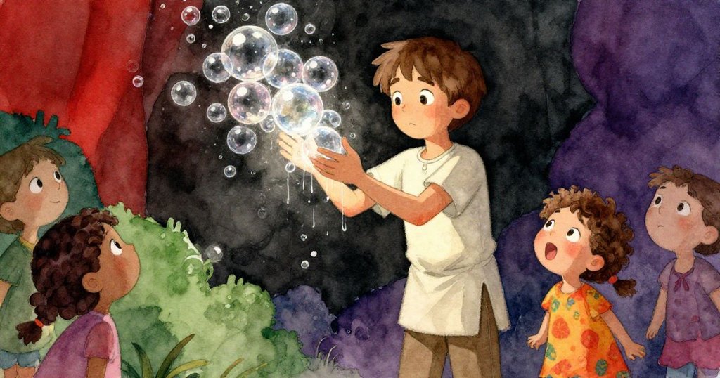 薩奇專注操作沾滿肥皂的銅環，形成顫動泡泡群，小孩驚呼連連，氣氛緊張而充滿魔幻魅力。