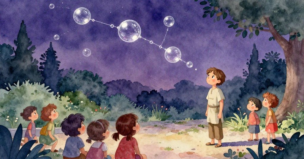 寧靜庭院中泡泡星雲緩漂，薩奇與小孩仰望神奇泡泡，展現寧和與魔法溫柔收束情境。