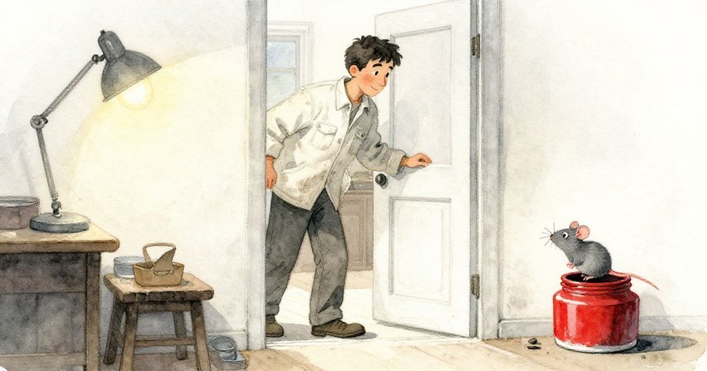 清晨,Hugo穿著簡單工裝走入古舊工作室,透過半開門看到燈光下一隻小灰鼠站在墨水罐上,神情好奇。