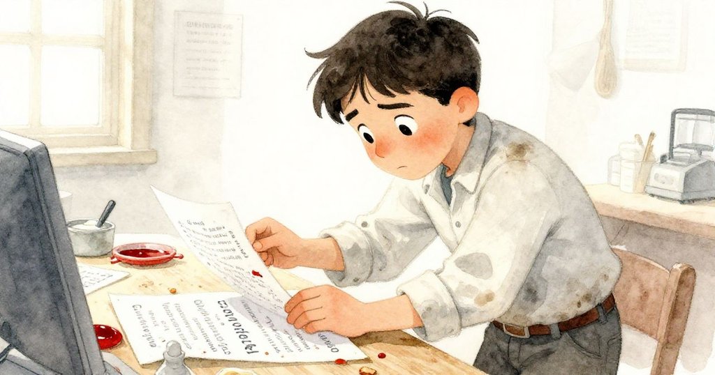 在工作台前,Hugo神情專注,低頭檢視印刷品細節,手中帶著糖漿痕跡與糕點碎屑,透露昨夜盛宴記憶。