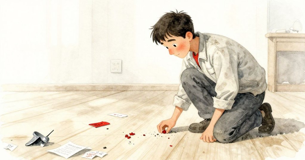 低角度視角下,Hugo背影出現,地板上木質分隔板上留下老鼠齧痕與金屬碎光,暗示夜間輕微捣蛋。