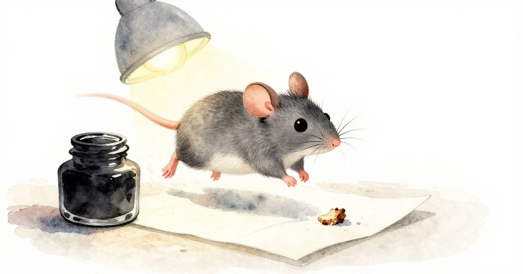 動態瞬間,小灰鼠從墨罐邊躍向放置著餅屑的紙片,動作充滿活力,場景融入工作室溫暖光影與細節。