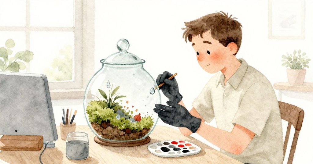 Glen在溫馨家庭實驗室中專注檢查玻璃植物箱，周圍擺滿工具和青苔，面露好奇，室內光線柔和豐富細節。