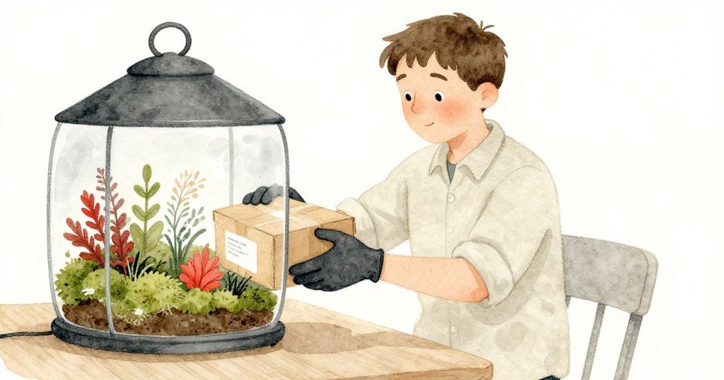 Glen在家中同時處理錯寄包裹及照料玻璃植物箱，冷硬紙箱與溫暖自然互相映襯，神情專注認真。