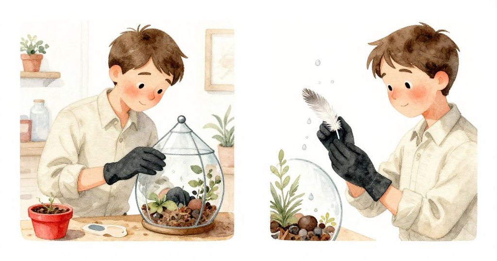 Glen分割畫面左邊認真擦拭植物箱，右邊驚喜發現金色羽毛與變化滴水軌跡，情感細膩流露。