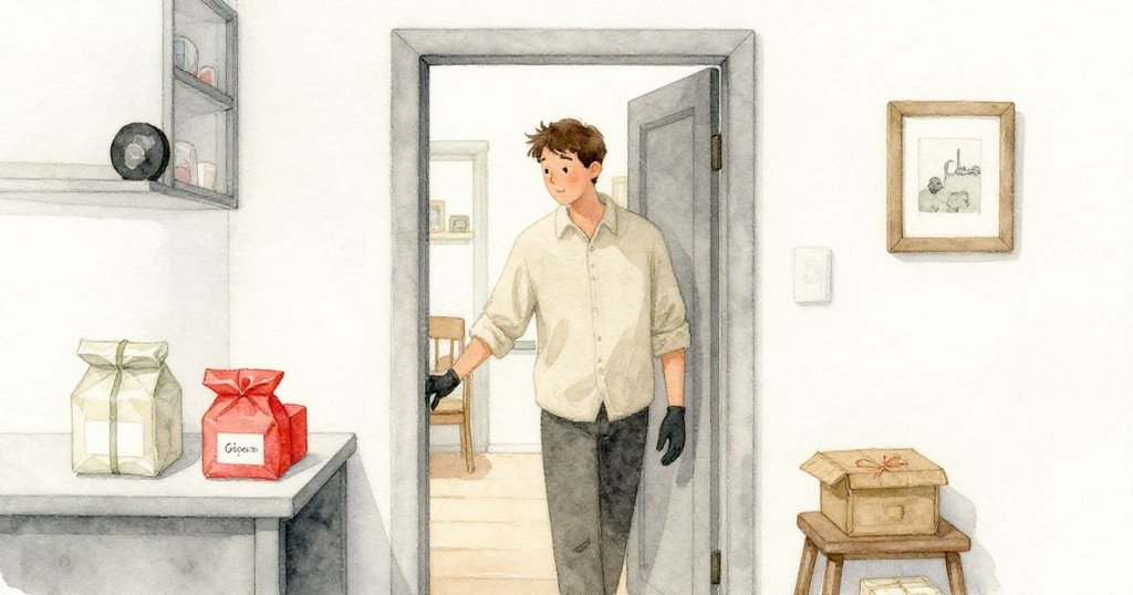 Glen在家中走向敞開的門，聽到門鈴聲後臉上露出期待，背景中擺有薄包裹和溫馨裝飾。