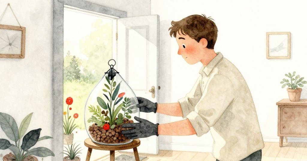 Glen在溫暖午後光線中將植物箱歸位，回頭輕微揮手告別，室內溫馨佈局展現一天變化後的平靜與滿足。