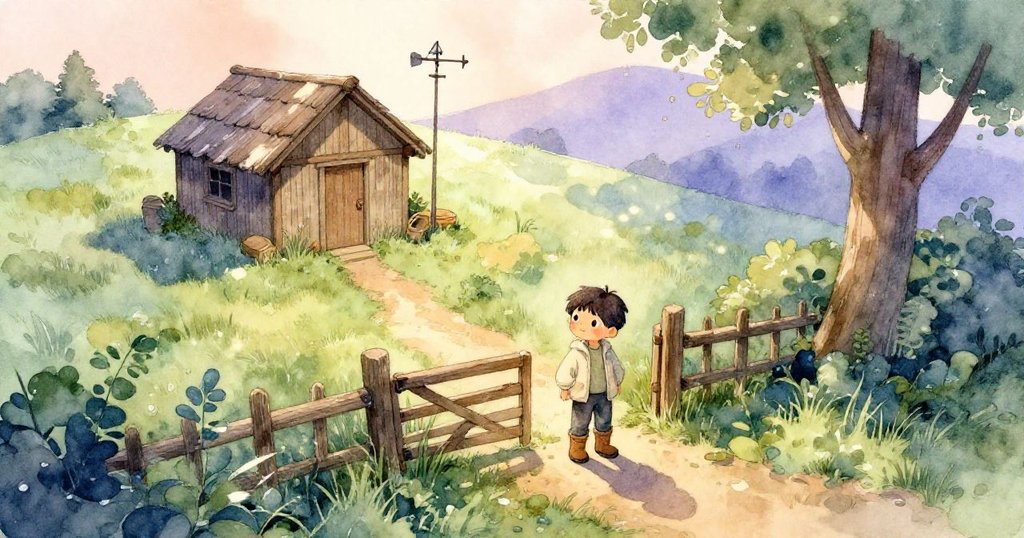 Cal早晨走出低矮柵欄,置身於露水濕潤的草地上,遠處呈現老舊杉木小屋與輕柔晨光,神情充滿期待。