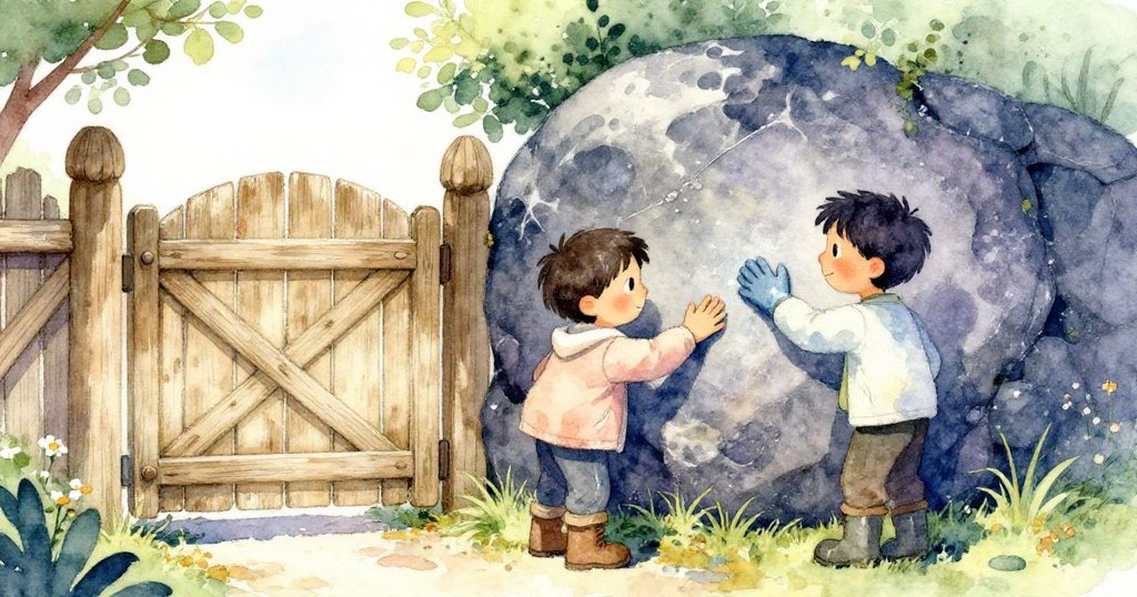 Cal停下腳步,小心觸碰暗色花崗岩基石,背後是淺色柵欄與杉木小屋,神情充滿好奇與細膩探索。