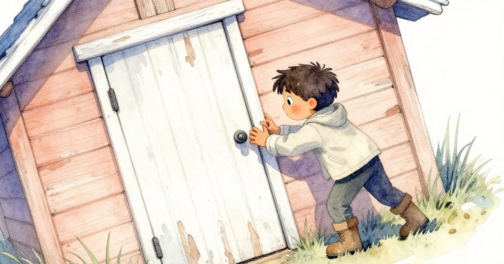 Cal歪斜角度下仔細檢查杉木小屋半開的門,門板斑駁與牆面剝落彰顯歲月痕跡,神情專注中流露決心。