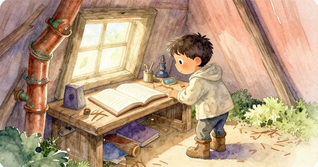 Cal從高處俯視老舊小屋內部,注視展開的日誌散落松針與綠銹銅管,神情中流露出探究與思索。