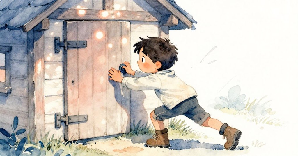 Cal用力推開搖曳中半鎖的門,表情堅毅且動態十足,背景透出破舊結構與光影交錯的層次。