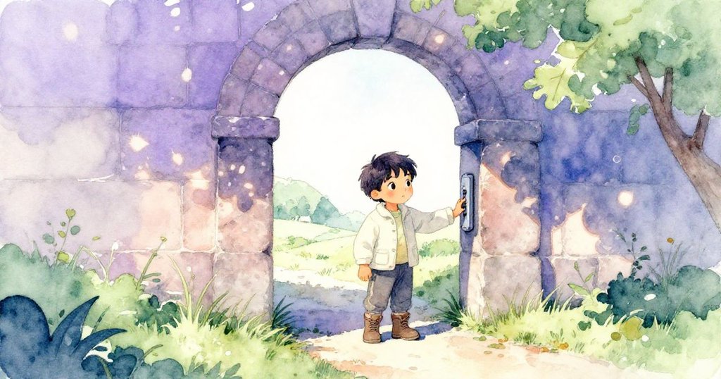 Cal站在拱門前,手碰暗色花崗岩基石與半提柵欄,目光中流露驚奇與沉思,背景柔和草地隨風搖曳,預示續章。